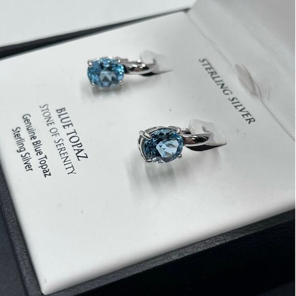 Designer DBJ Stamped Sterling Silver 925 Blue Topaz Lever Back Earrings New - Picture 2 of 12